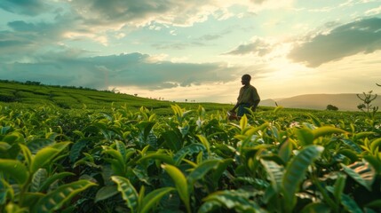 Fototapeta premium A man is standing in a field of green plants