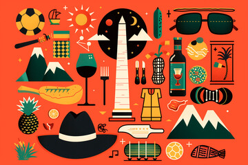  symbols that represent Argentina. Include items such as a tango dancer, a soccer ball, the Andes mountains, a piece of steak, a gaucho hat, and the Obelisk of Buenos Aires. 