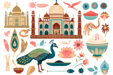 Fototapeta premium symbols that represent India. Include items like a peacock, a traditional sari, the Taj Mahal, a bowl of spices, an elephant, and a yoga pose. 