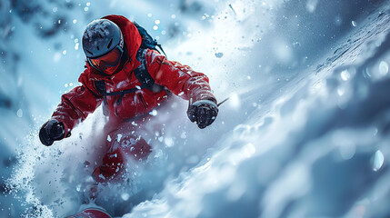 Snowboarder is carving down a mountainside covered in fresh powder as the sun sets in the distance