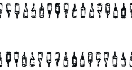 Template banner with red wine bottles pattern seamless. Hand-drawn coal sketches of red wine and white wine in vector. Winery frame design, grape alcohol pattern.