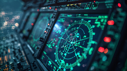 Advanced Aviation Technology Displayed on Military Aircraft's Digital Radar Screens with Copyspace Above