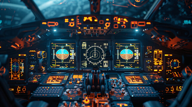 Modern Military Aircraft Cockpit with Advanced Digital Radar Systems and Text Space on the Left Side