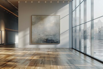 A large painting hangs on the wall of a room with a view of the water