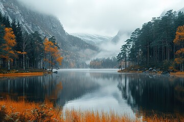 Naklejka premium A beautiful lake surrounded by trees with a cloudy sky in the background