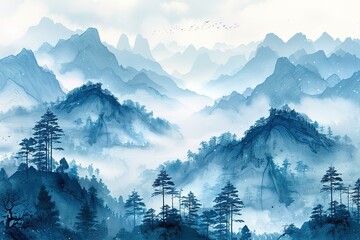 A mountain range with a blue sky and trees
