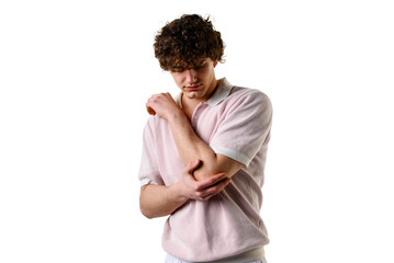 Painful inflammation of bursa in elbow. Suffering from bursitis after repetitive sport practices....