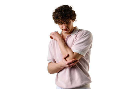 Painful inflammation of bursa in elbow. Suffering from bursitis after repetitive sport practices. Feeling pain and stiffness of elbow joints caused by rheumatoid arthritis.