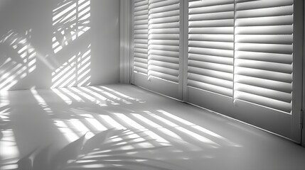 Obraz premium Modern Minimalist Interior with Sunlight Patterns on White Walls and Window Blinds