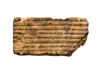 Ancient carved stone with cuneiform script from an archaeological site, depicting historical inscriptions.