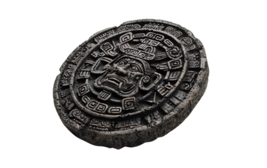 Ancient Mayan calendar stone artifact, depicting intricate carvings and symbols, representing historical and cultural significance.