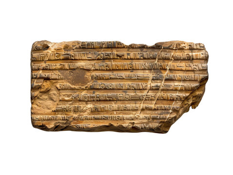 Ancient carved stone with cuneiform script from an archaeological site, depicting historical inscriptions. - Powered by Adobe