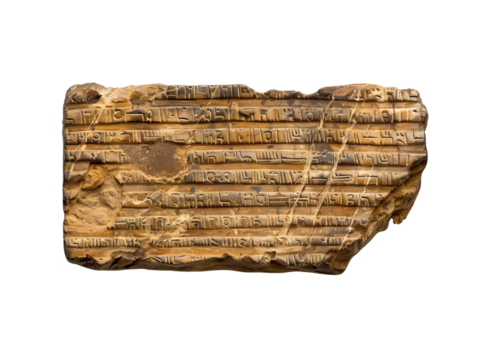 Ancient carved stone with cuneiform script from an archaeological site, depicting historical inscriptions.