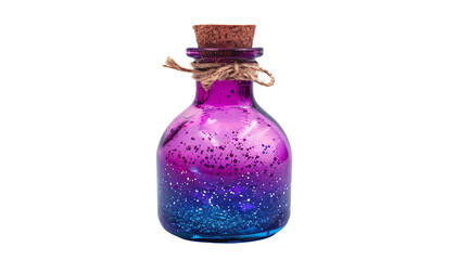 Colorful vintage glass bottle with cork stopper, containing purple and blue material, adorned with twine, isolated on white.