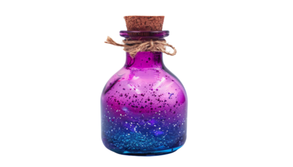 Colorful vintage glass bottle with cork stopper, containing purple and blue material, adorned with twine, isolated on white.