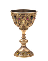 Ornate medieval golden chalice decorated with colorful gemstones, isolated on white background, depicting luxury and craftsmanship.