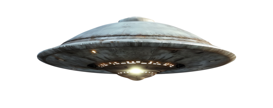 Rustic and aged UFO spaceship with light, isolated on a transparent background, showcasing extraterrestrial design and mysterious allure.