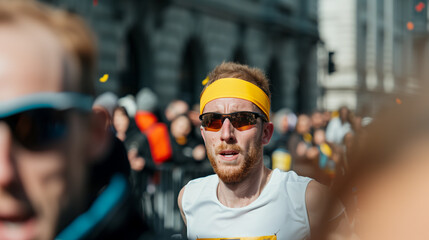 Determined male runner in a city marathon, focused on the race ahead, surrounded by a blur of people and buildings, embodying competition and endurance