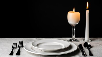 A beautifully arranged dining table with elegant porcelain dinnerware, crystal glasses, and a centerpiece of candles, with copy space, high-resolution photo, realistic photo