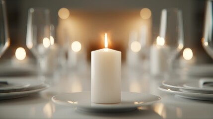 A beautifully arranged dining table with elegant porcelain dinnerware, crystal glasses, and a centerpiece of candles, with copy space, high-resolution photo, realistic photo