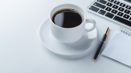 A close-up of a desk with a computer, a cup of pens, and a notebook open with a pen on top, with copy space, high-resolution photo, realistic photo