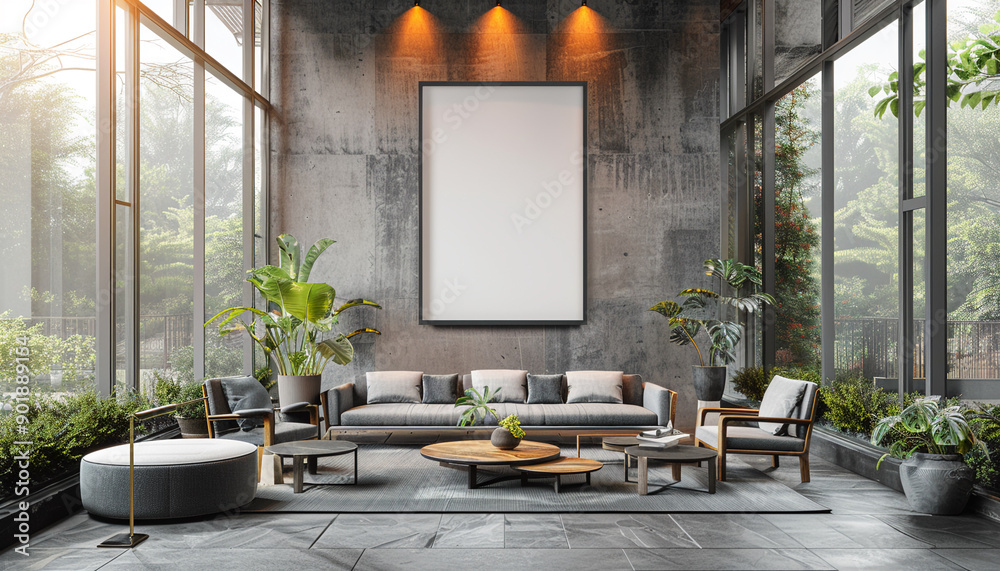 Canvas Prints Modern lobby with textured walls with empty frame