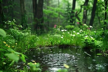 Tranquil Rainy Scene with Lush Greenery