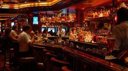 Elegant casino bar with premium drinks and ambient lighting