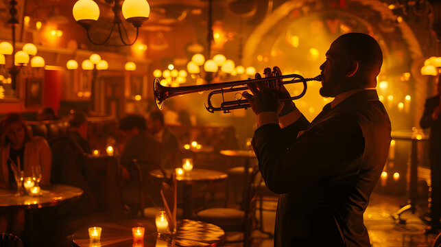 Elegant jazz club with trumpet soloist in spotlight