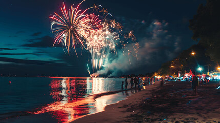 Grand fireworks show at beach with vibrant bursts