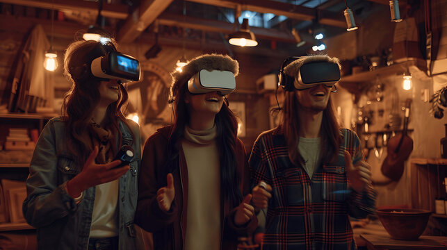 Friends in virtual reality escape room with VR headsets