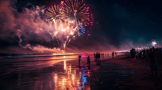 Grand fireworks show at beach with vibrant bursts