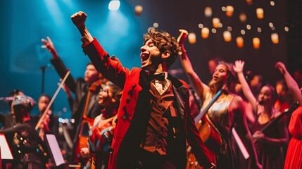 Musical theater performance with live orchestra and vibrant costumes