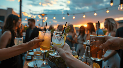 Rooftop cocktail party with elegant drinks and twilight sky