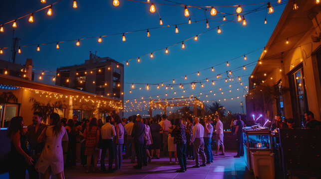 Nighttime rooftop event with string lights and DJ booth