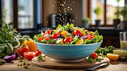 Fresh Colorful Vegetable Salad Prepared in Cozy Kitchen on a Sunny Afternoon