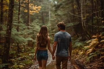 Fototapeta premium Couple Walking Hand In Hand Through a Lush Forest During Autumn Afternoon