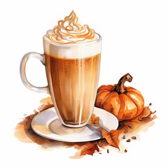 Pumpkin Spice Latte Watercolor Isolated on White Background, Autumn Flavors, Pumpkin Spice Hot Chocolate