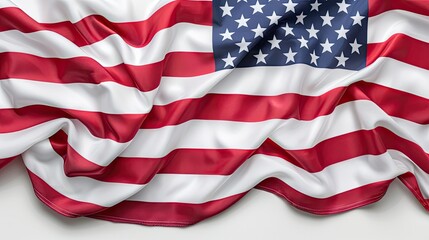 Obraz premium The American flag gently waves, showcasing its stars and stripes, illuminated by soft sunlight against a smooth, fabric backdrop