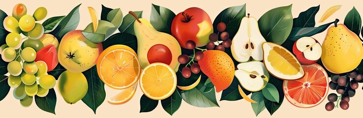 Obraz premium Vibrant Assorted Fruits and Leaves Illustration