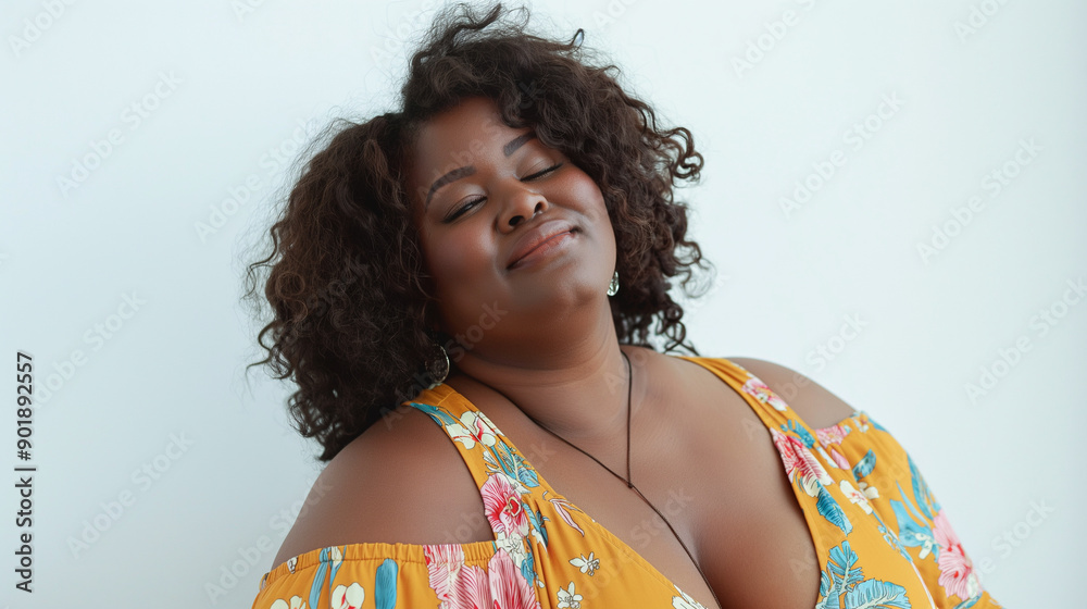 Wall mural A woman with a big bust is wearing a yellow floral dress and smiling