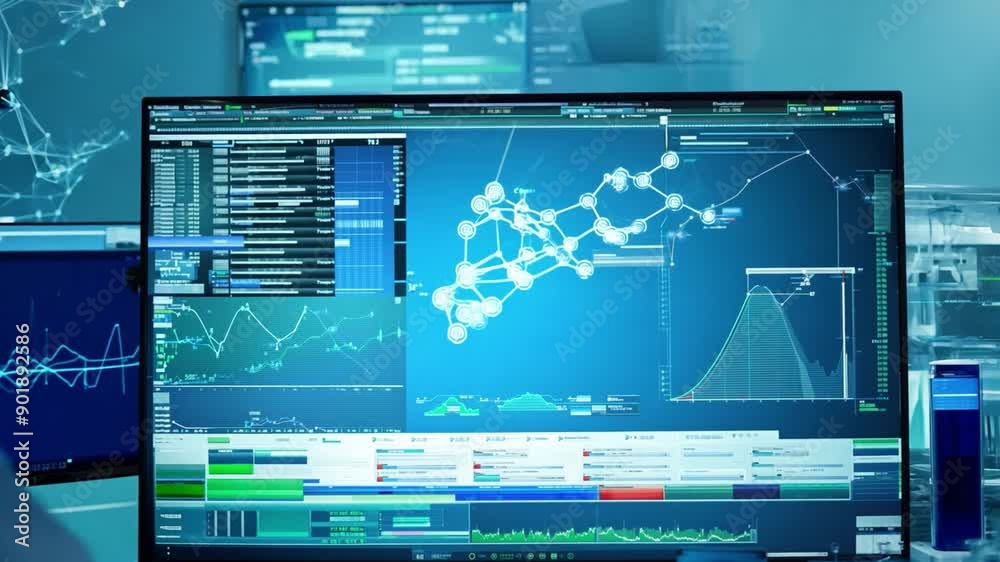 Poster a man in a white lab coat sits in front of a computer screen, analyzing data that is displayed as a 