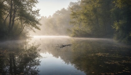 Fototapeta premium Misty morning reflection over calm waters surrounded by lush green trees