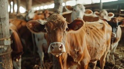 Cattle herd gathering in a barn during early morning on a farm