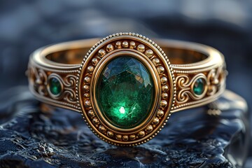 A gold and green ring with a green stone in the center