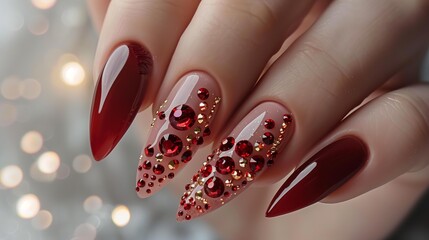 perfect almond shaped manicure ether nails are bedazzled with red garnate crystals and gold for Christmas holidays