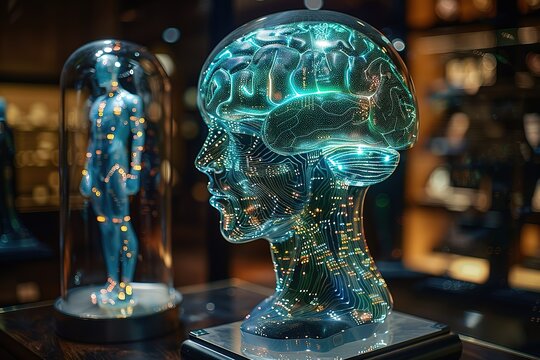 A brain model is displayed in a glass case next to a human figure