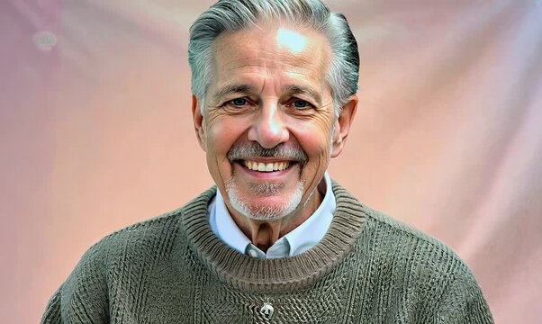 Medium shot portrait video of a grinning man in his 80s that is wearing a chic cardigan against a pastel or soft colors background