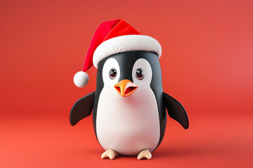 Fototapeta premium A penguin wearing a red hat and a white Christmas hat.