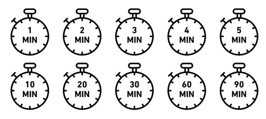1, 2, 3, 4, 5, 10, 20, 30, 60, 90, minutes clock time icon set.